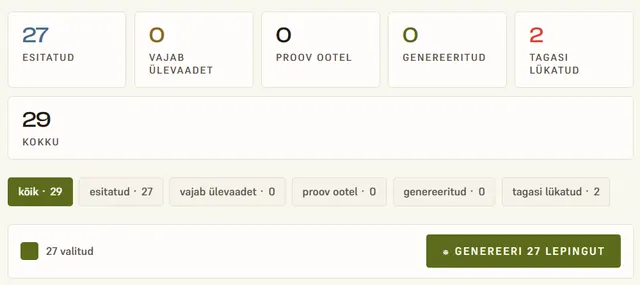 Registreerimised: 27 esitatud, koosta 27 lepingut ühe klõpsuga