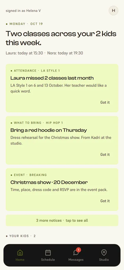 Parent app: Laura missed 2 classes last month, and a notice to bring a red hoodie on Thursday